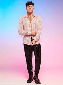 Manfinity RebelGame Hombres Camisa con lentejuelas con botón delantero - Rosa Pálido - Ver 4