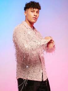 Manfinity RebelGame Hombres Camisa con lentejuelas con botón delantero - Rosa Pálido - Ver 6