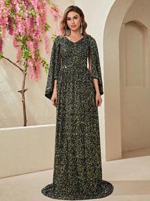 YISIKADO Cloak Sleeve Sequin Formal Dress - Black - View 2
