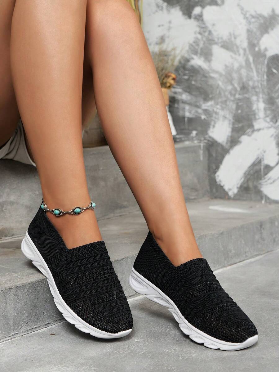 Sporty Sneakers For Women, Patch Decor Fabric Slip On Shoes - Black - View 1