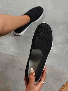Sporty Sneakers For Women, Patch Decor Fabric Slip On Shoes - Black - View 3