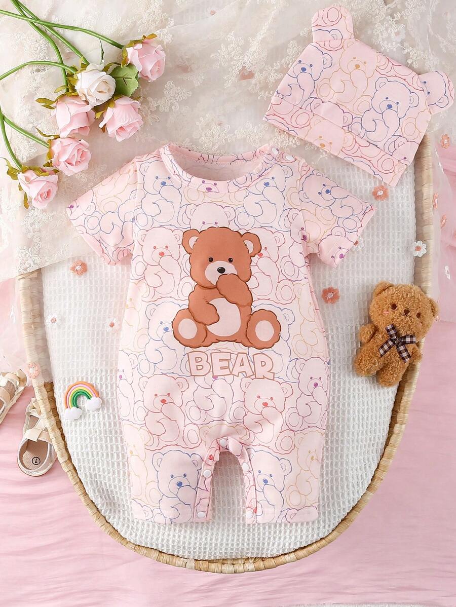 SHEIN Rompers Em bé Nút Tương phản ràng buộc Hoạt hình Lá thư - Hồng - Xem 1