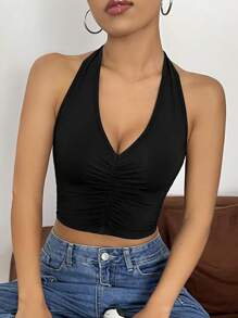 SHEIN EZwear Women's Deep V Neck Halter Tie Back Sleeveless Ruched Front Backless Crop Halter Top
