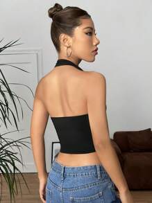 SHEIN EZwear Women's Deep V Neck Halter Tie Back Sleeveless Ruched Front Backless Crop Halter Top