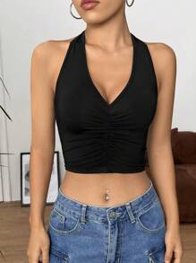 SHEIN EZwear Women's Deep V Neck Halter Tie Back Sleeveless Ruched Front Backless Crop Halter Top