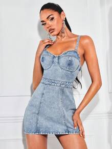 SHEIN BAE Váy denim nữ Lộ Lưng Dây kéo màu trơn Gợi cảm - Rửa nhẹ - Xem 9