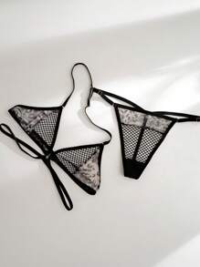 Fishnet Cut-out Lingerie Set - Black - View 4
