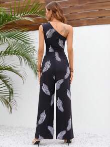 SHEIN VCAY 羽毛印花單肩闊腿連體褲 - 黑色 - 查看 2