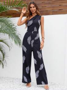 SHEIN VCAY 羽毛印花單肩闊腿連體褲 - 黑色 - 查看 3