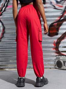 SHEIN Quần con gái Túi màu trơn Giải trí - Đỏ - Xem 2