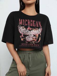 SHEIN EZwear 鷹和標語圖案落肩袖短款T恤 - 黑色 - 查看 1