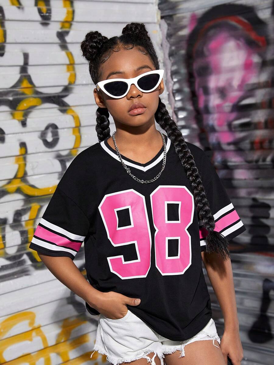 SHEIN Tween Girls Number Print Striped Trim Drop Shoulder Tee - Black - View 1