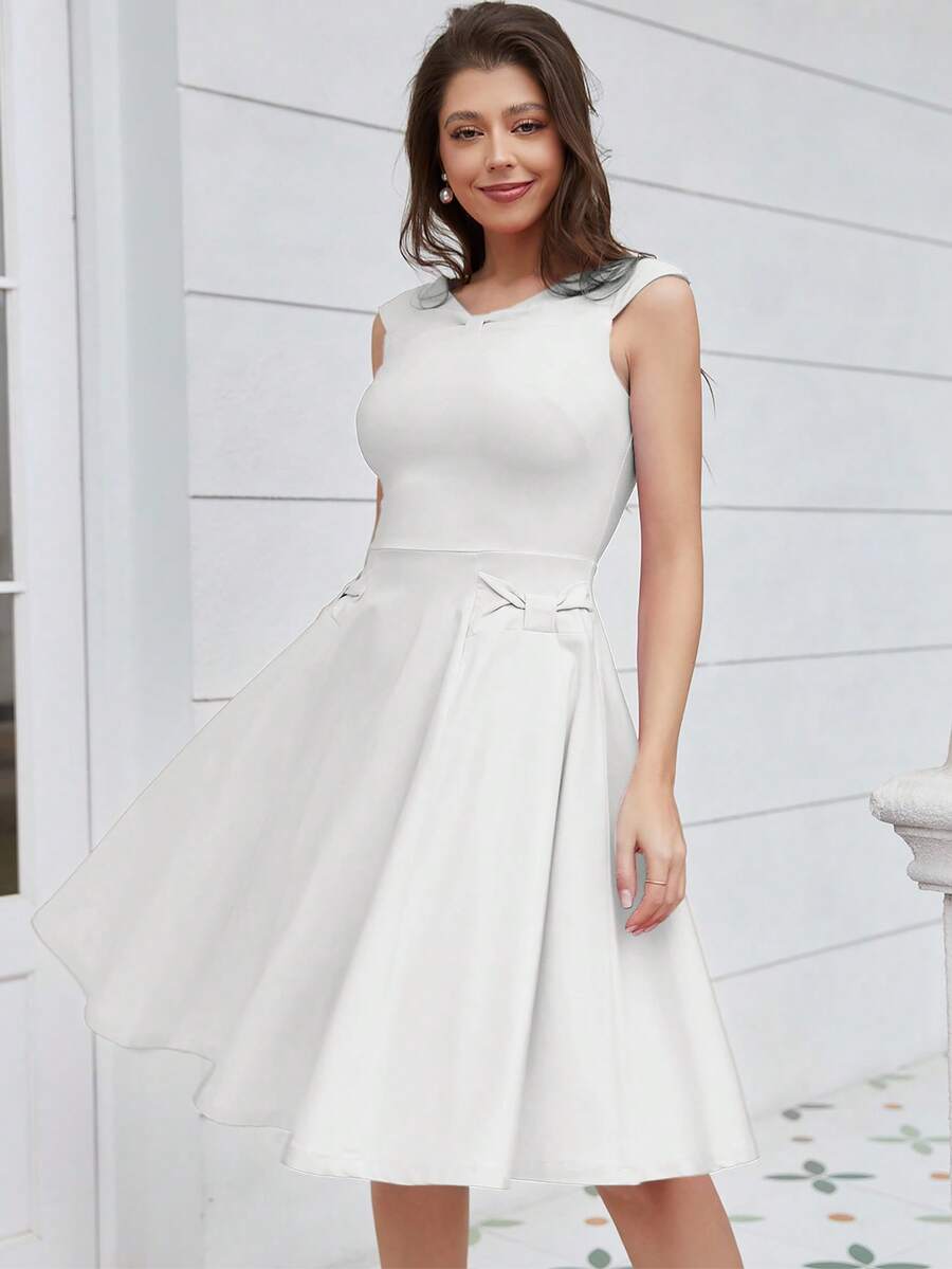 MUXXN Vestido unicolor de cuello V - Blanco - Ver 1