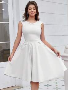MUXXN Vestido unicolor de cuello V - Blanco - Ver 3