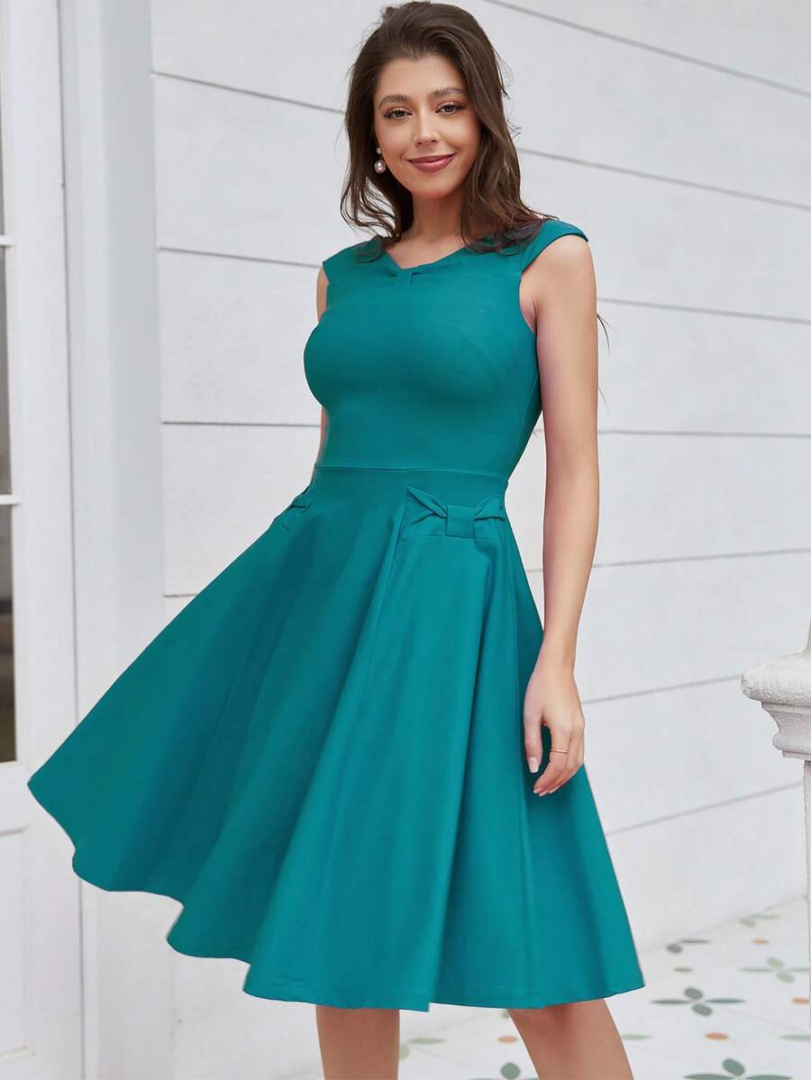 MUXXN Solid Ruched Flare Hem Dress, Semi Formal Dress - Cadet Blue - View 1