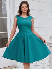 MUXXN Solid Ruched Flare Hem Dress, Semi Formal Dress - Cadet Blue - View 5