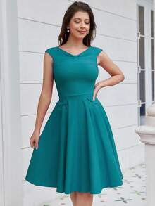 MUXXN Solid Ruched Flare Hem Dress, Semi Formal Dress - Cadet Blue - View 6
