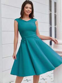 MUXXN Solid Ruched Flare Hem Dress, Semi Formal Dress - Cadet Blue - View 7