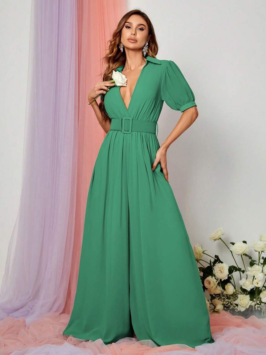 Solid Collar Neck Wide Leg Jumpsuit - Green - View 1