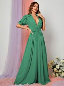 Solid Collar Neck Wide Leg Jumpsuit - Green - View 5