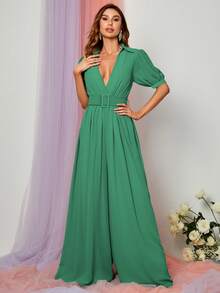 Solid Collar Neck Wide Leg Jumpsuit - Green - View 6