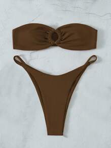 Rib Ring Linked Bandeau Bikini Set For Summer Beach - Coffee Brown - View 3