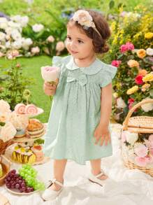 Baby Bow Front Ruffle Trim Peter Pan Collar Smock Dress - Green - View 1