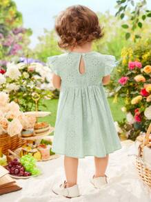 Baby Bow Front Ruffle Trim Peter Pan Collar Smock Dress - Green - View 2