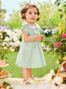 Baby Bow Front Ruffle Trim Peter Pan Collar Smock Dress - Green - View 5