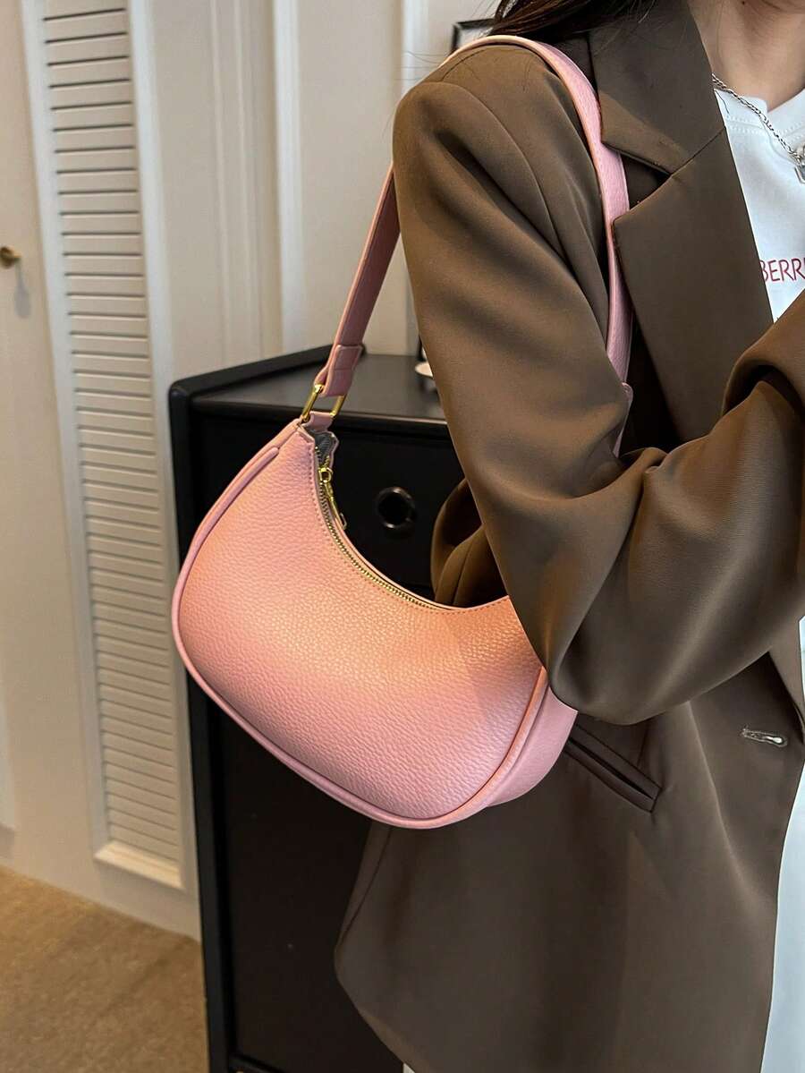 Small Hobo Bag Solid Color Minimalist Style - Pink - View 1