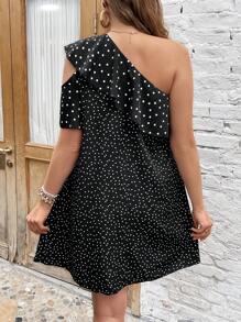 SHEIN LUNE 大碼波點圖案不對稱領荷葉邊連衣裙 - 黑與白 - 查看 2