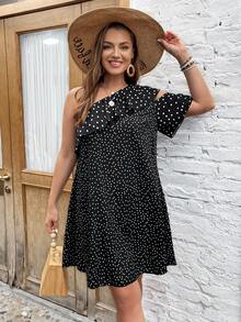 SHEIN LUNE 大碼波點圖案不對稱領荷葉邊連衣裙 - 黑與白 - 查看 5
