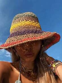 1pc New Korean Style Multicolor Foldable Sun Crochet Hat For Beach, Travel And Vacation Boho