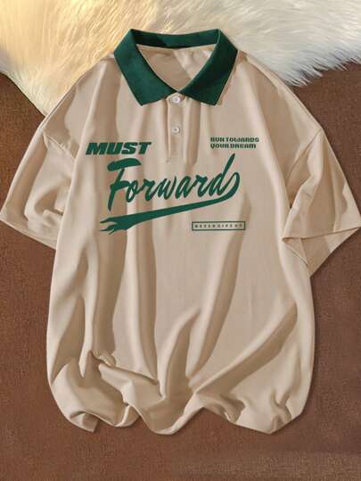 Guys Slogan Graphic Contrast Collar Drop Shoulder Polo Shirt