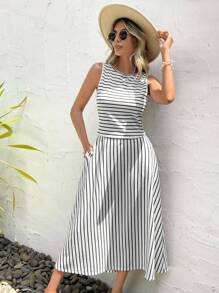 SHEIN LUNE Áo sát nách và chân váy in họa tiết kẻ sọc - Đen và trắng - Xem 6