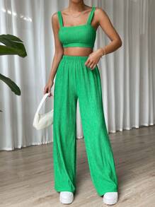 SHEIN EZwear Bộ đồ hai mảnh nữ màu trơn Giải trí - màu xanh lá - Xem 4