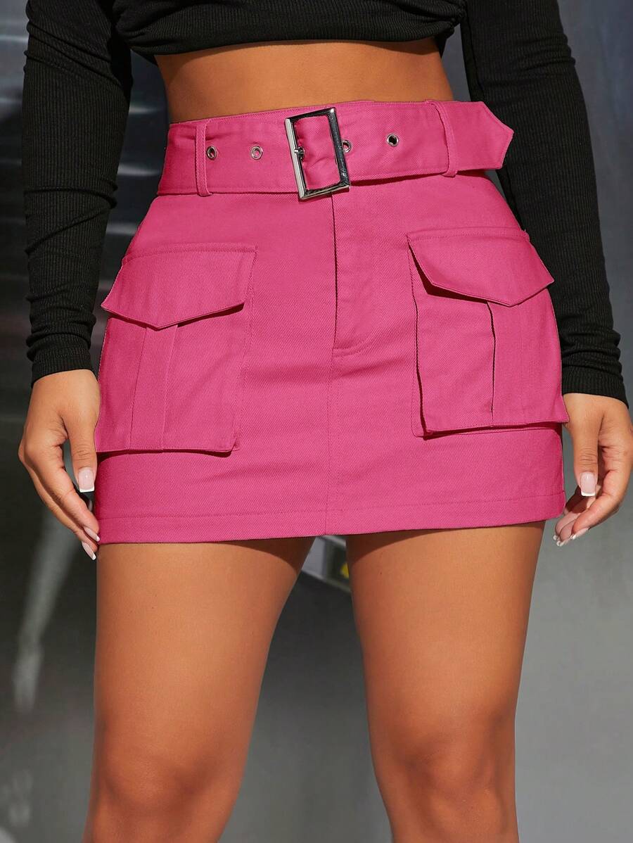 SHEIN PETITE 翻蓋口袋腰帶工裝裙