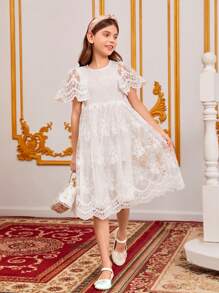 SHEIN Girls Floral Embroidery Mesh Overlay Dress - White - View 3