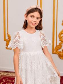 SHEIN Girls Floral Embroidery Mesh Overlay Dress - White - View 4