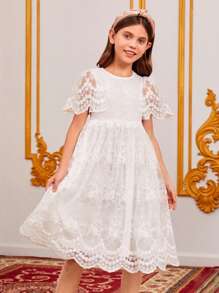 SHEIN Girls Floral Embroidery Mesh Overlay Dress - White - View 5