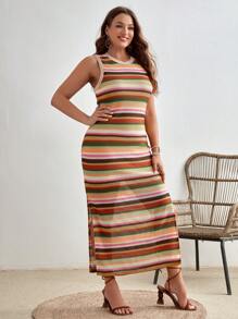 SHEIN VCAY Vestido de rayas de muslo con abertura - Multicolor - Ver 5