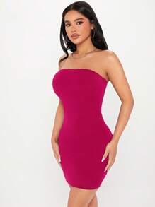 SHEIN PETITE Solid Tube Bodycon Dress Going Out Dress - Red Violet - View 4