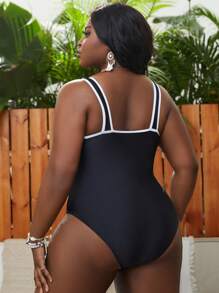Slaydiva Summer Beach Plus Contrast Binding One Piece Swimsuit - Black - View 2
