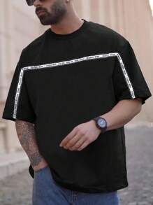 Manfinity Homme Loose Fit Men's Tee With Contrast Letter Tape - Black - View 1