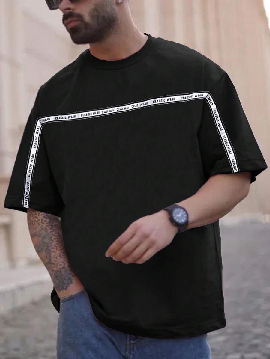 Manfinity Homme Loose Fit Men's Tee With Contrast Letter Tape - Black - View 1