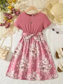 Đầm ngắn tay in hoa màu khối cổ tròn thanh lịch cho nữ - Gỗ đỏ - Xem 4