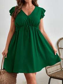 SHEIN VCAY Plus Tie Front Ruffle Trim Dress - Dark Green - View 1