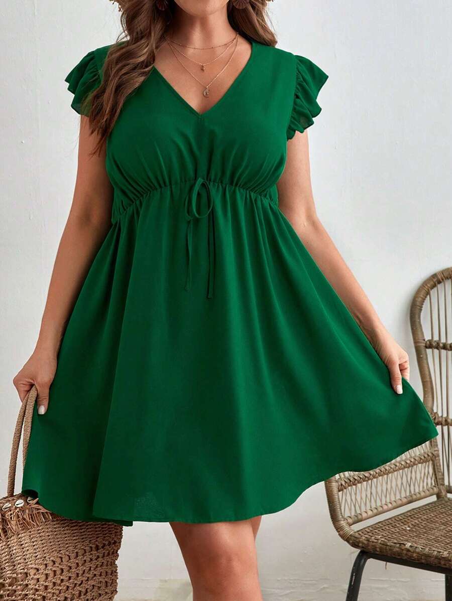 SHEIN VCAY Plus Tie Front Ruffle Trim Dress - Dark Green - View 1