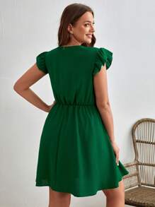 SHEIN VCAY Plus Tie Front Ruffle Trim Dress - Dark Green - View 3