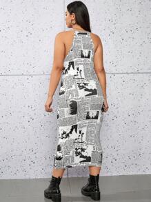 SHEIN Coolane 大碼報紙印花繞頸緊身連衣裙 - 黑與白 - 查看 3